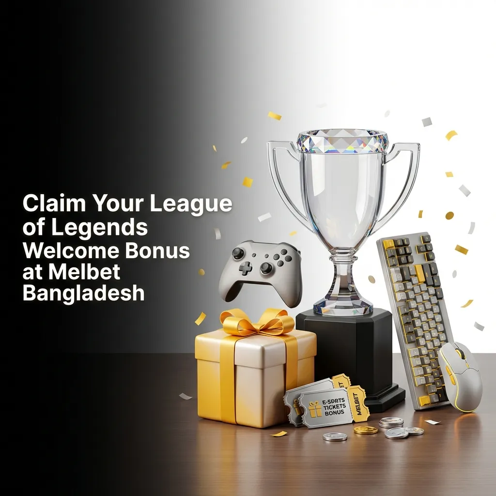 League of Legends welcome bonus guide showing registration steps and deposit matching up to 10,000 BDT at Melbet Bangladesh