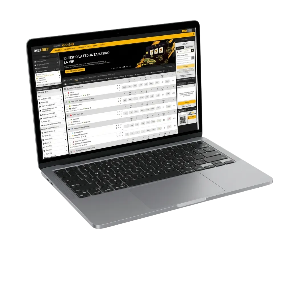 Melbet desktop app interface showing sports betting, casino games, and slots on Windows and macOS computers