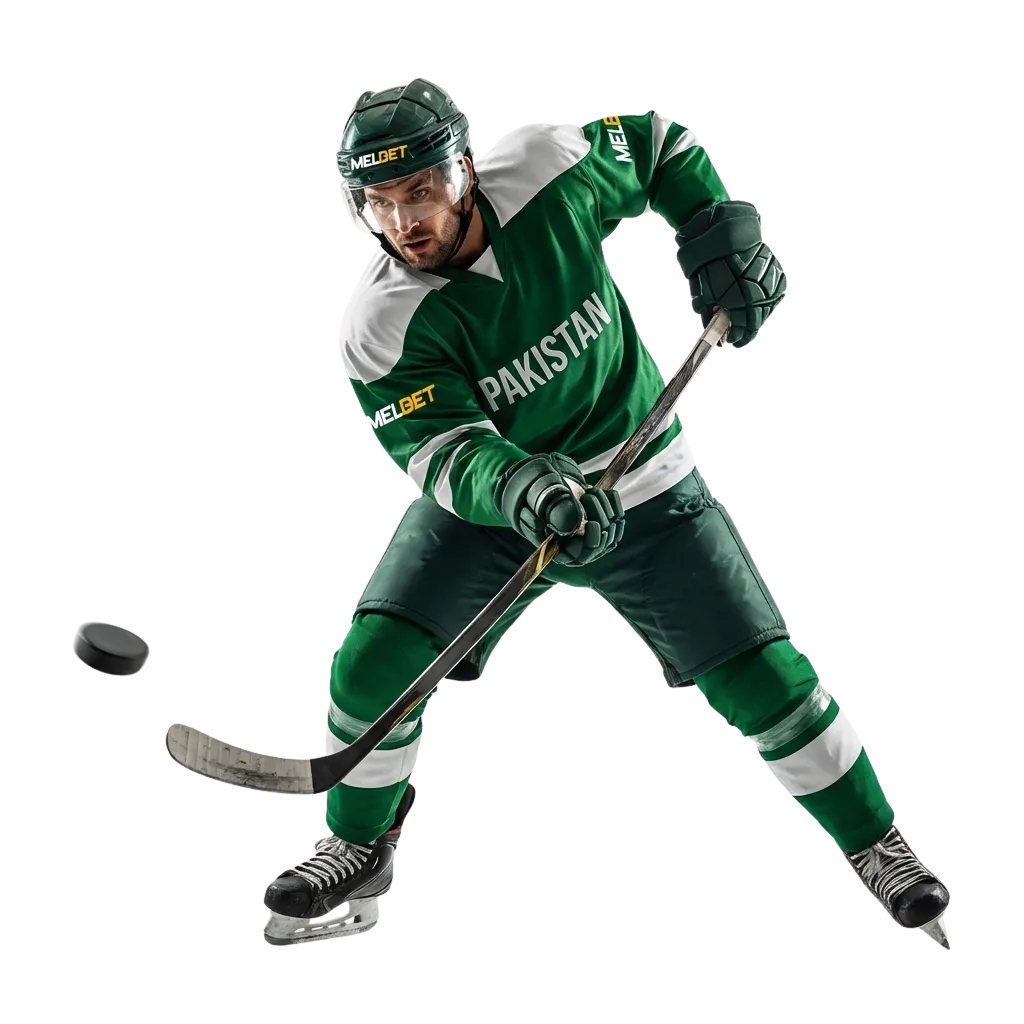 Ice hockey betting interface showing NHL and KHL games with live odds and welcome bonus offer at Melbet Pakistan