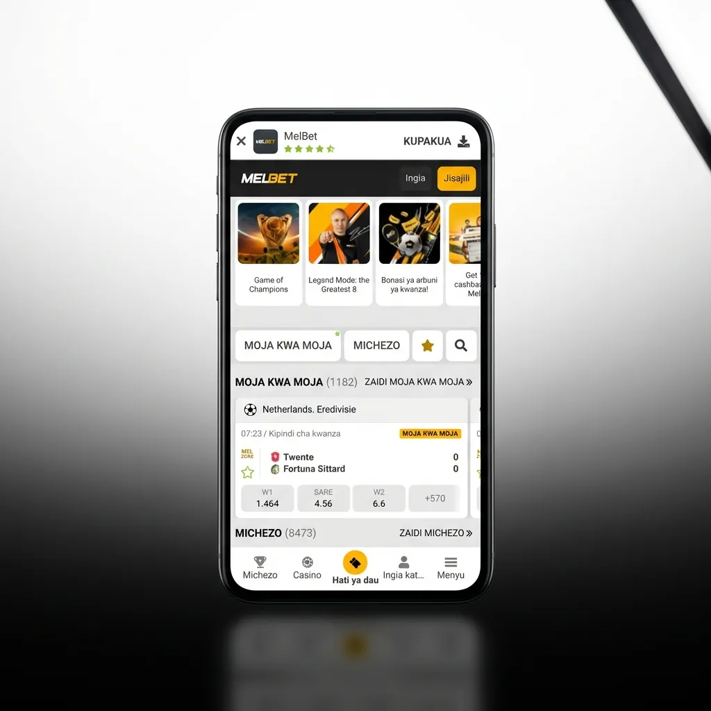 Melbet app dark interface showing navigation tabs for Sports, Live Casino, Slots, and Account with visible bottom bet slip