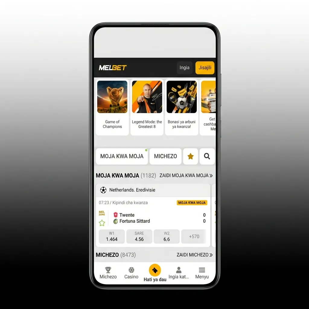 Melbet mobile app showing bottom navigation tabs with sports betting markets, live events, and casino sections on screen