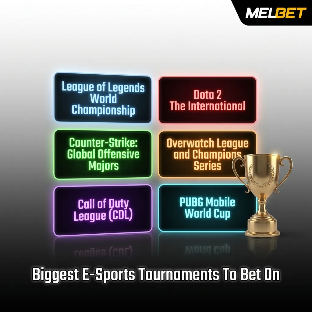 Table showing major e-sports tournaments for betting across games like Dota 2, CS2, League of Legends, and Valorant