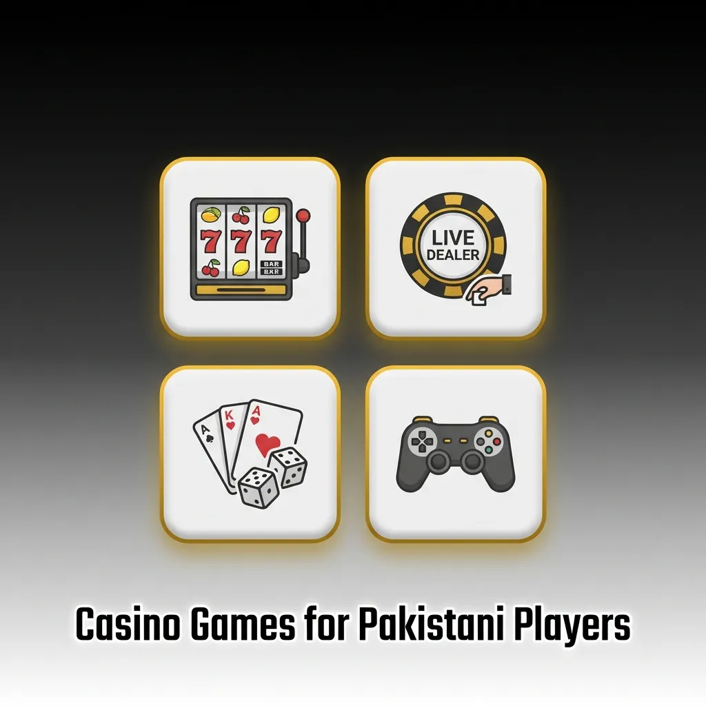 Casino games interface showing slots, roulette, blackjack, and live dealer options for Pakistani players