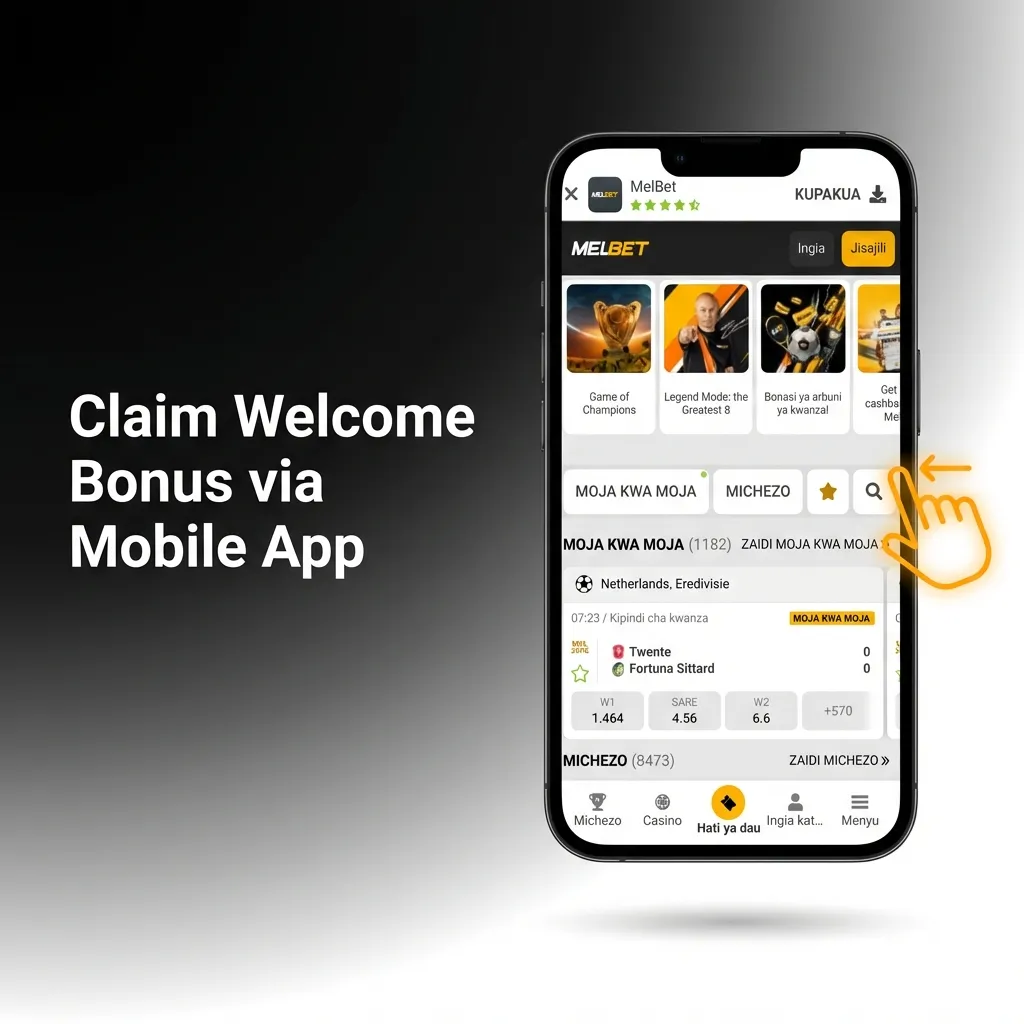 Mobile app interface showing welcome bonus claim process with download, registration, and deposit steps