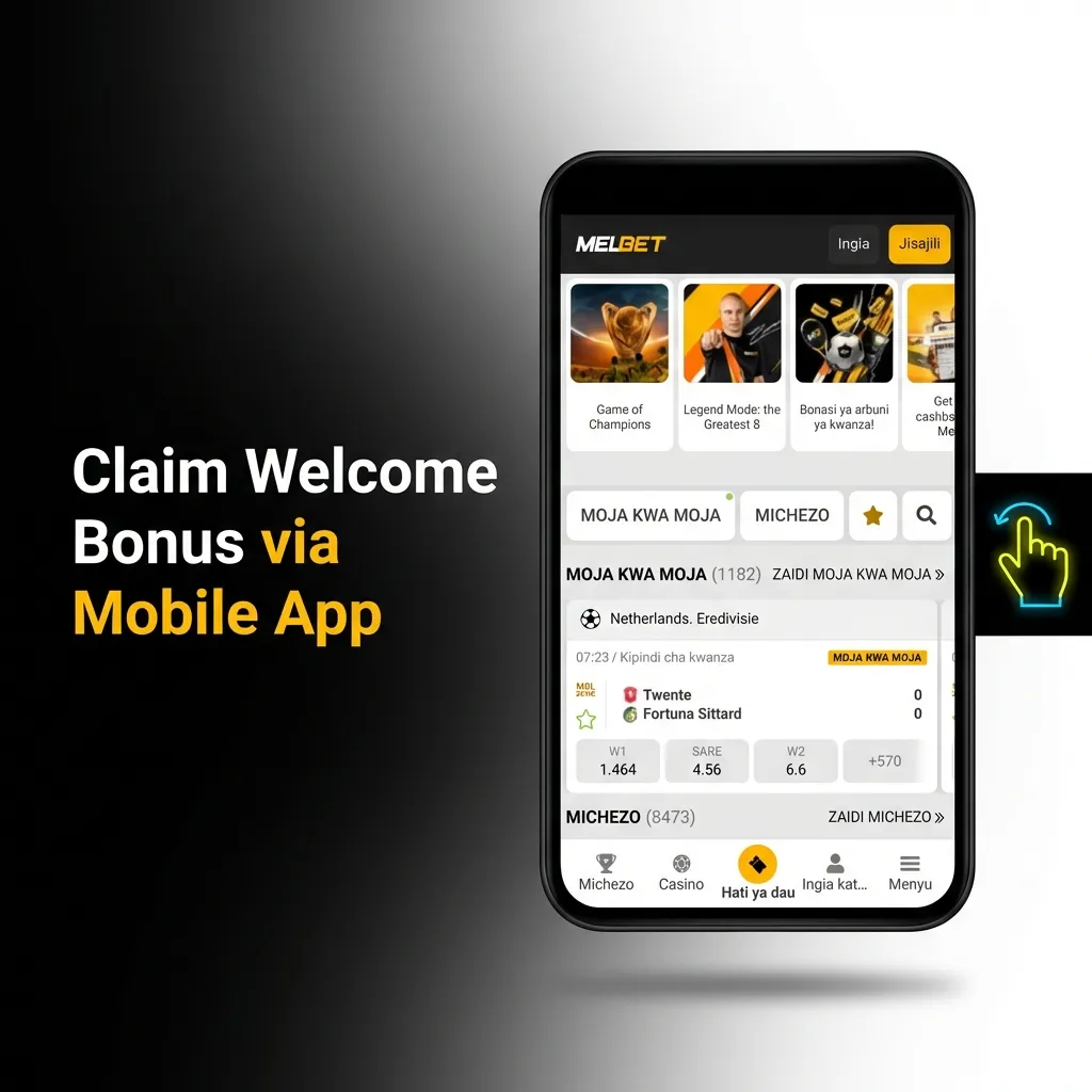 Mobile app download screen showing welcome bonus registration and deposit process for iOS and Android users