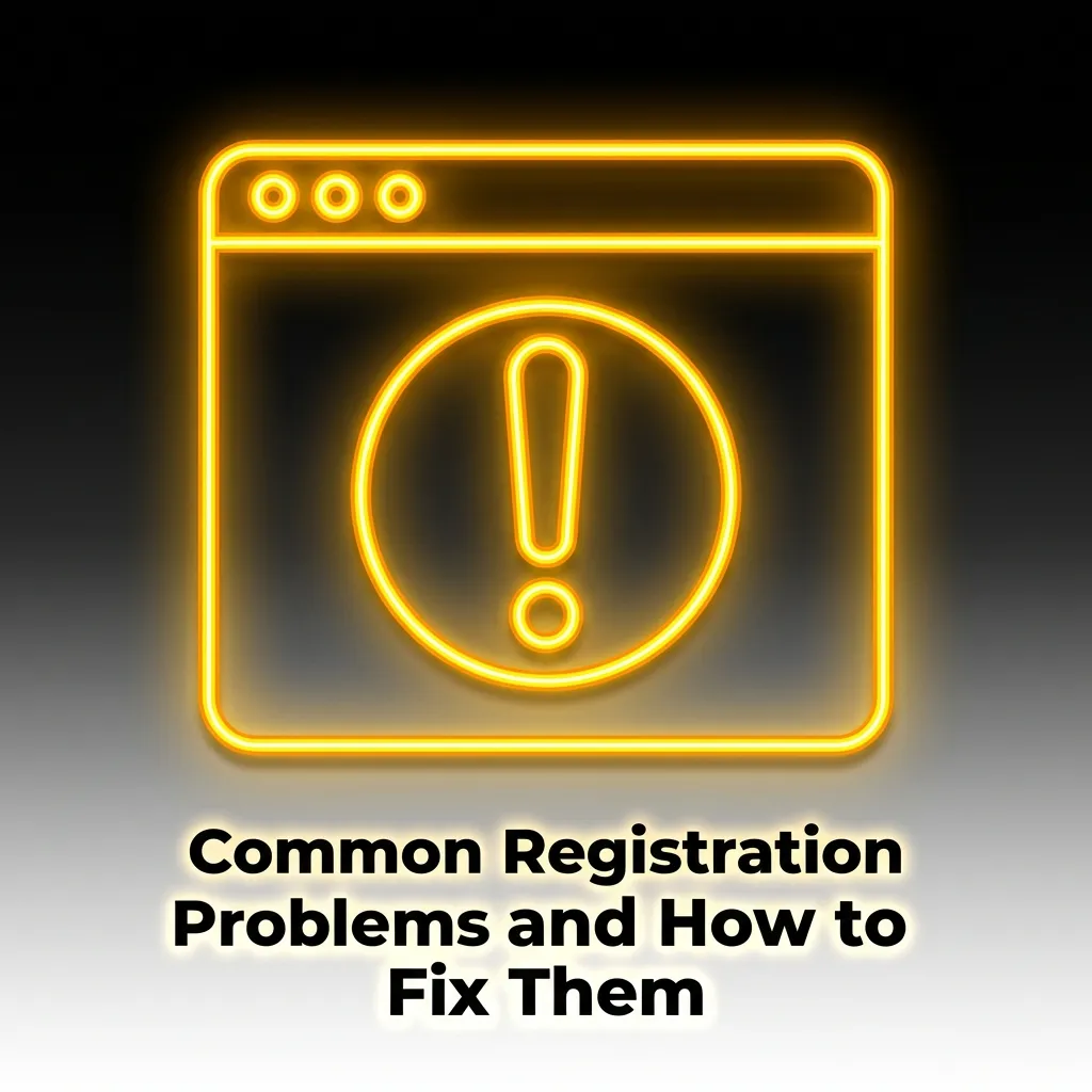 Troubleshooting guide showing common registration problems like email confirmation, promo codes, and browser issues with fixes