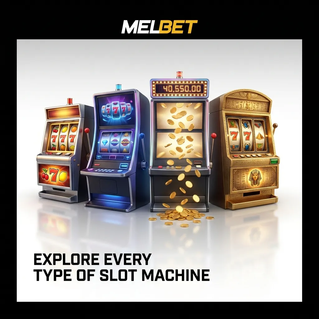 Colorful slot machine reels and icons representing various game types including classic, video, progressive jackpot, and Megaways slots