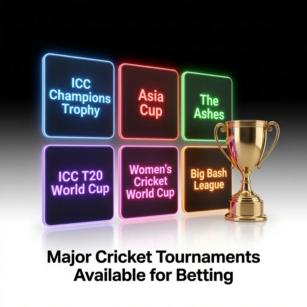 Cricket betting options including ICC World Cup, T20 World Cup, IPL, The Ashes, and bilateral series matches