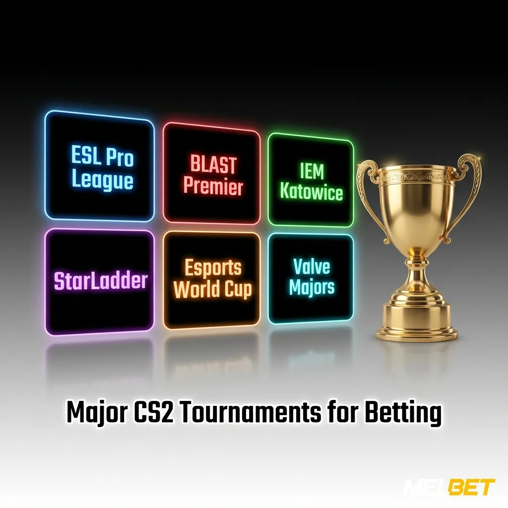 Professional CS2 esports tournament logos and championship trophies displayed for major competitive gaming events and betting