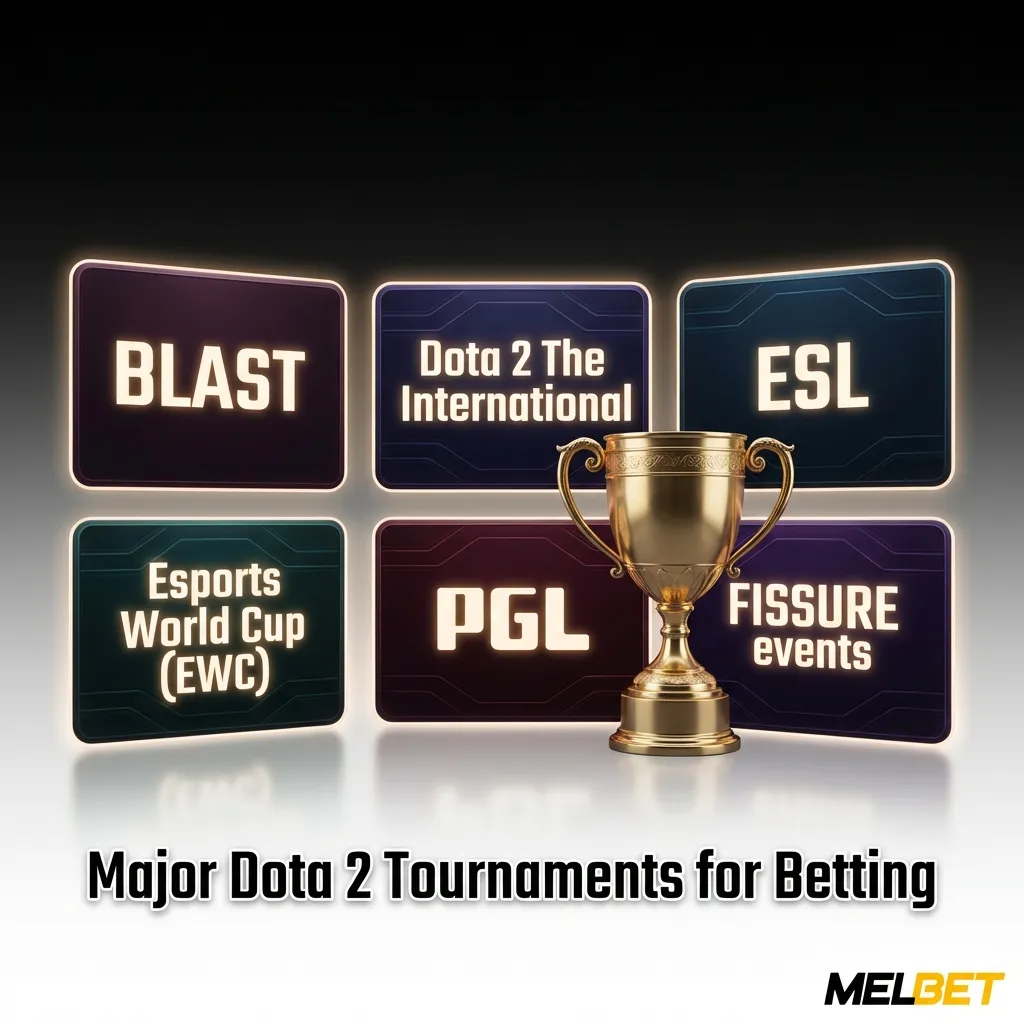 Professional Dota 2 tournament logos including The International, ESL One, and PGL Major Championships for esports betting