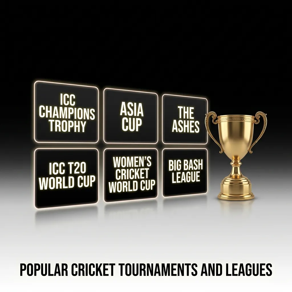 Cricket tournaments including ICC World Cup, T20 World Cup, IPL, PSL, and The Ashes series displayed together