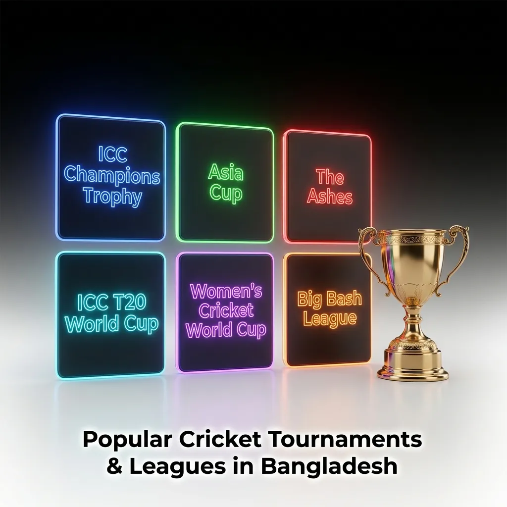 Cricket tournaments including ICC World Cup, T20 World Cup, IPL, The Ashes, and Bangladesh Premier League with betting markets