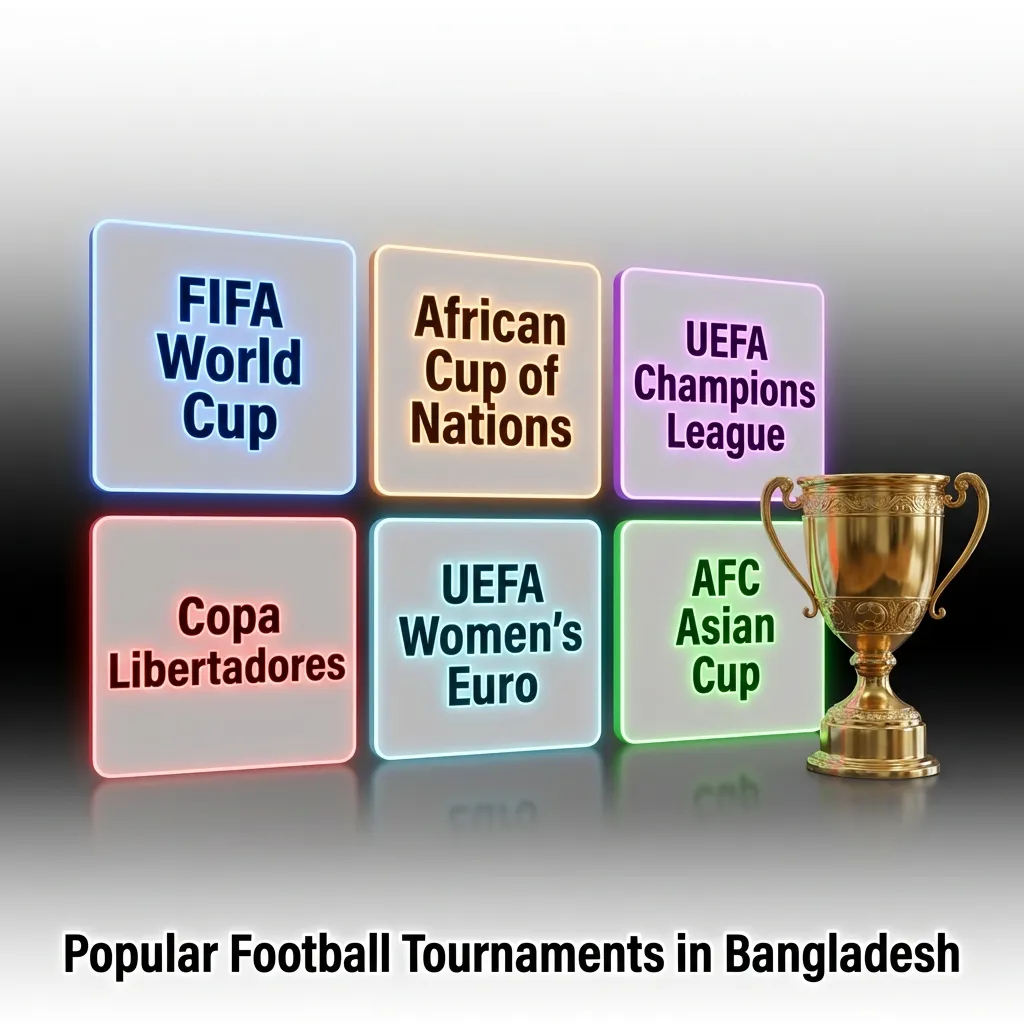 Football fans watching match in Bangladesh stadium with national flags and tournament banners displayed prominently