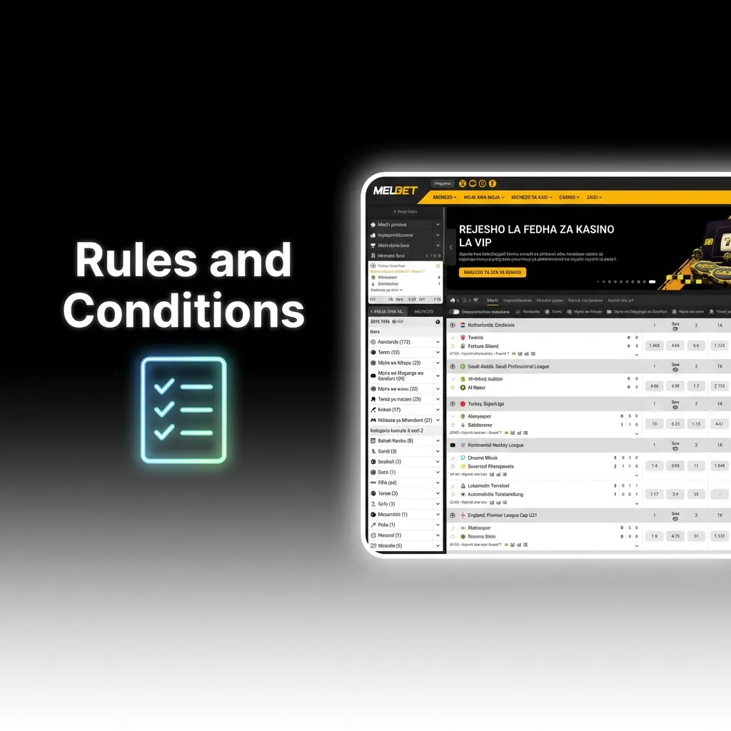 Melbet rules and conditions page displaying account requirements, age limits, and bonus terms for fair betting.