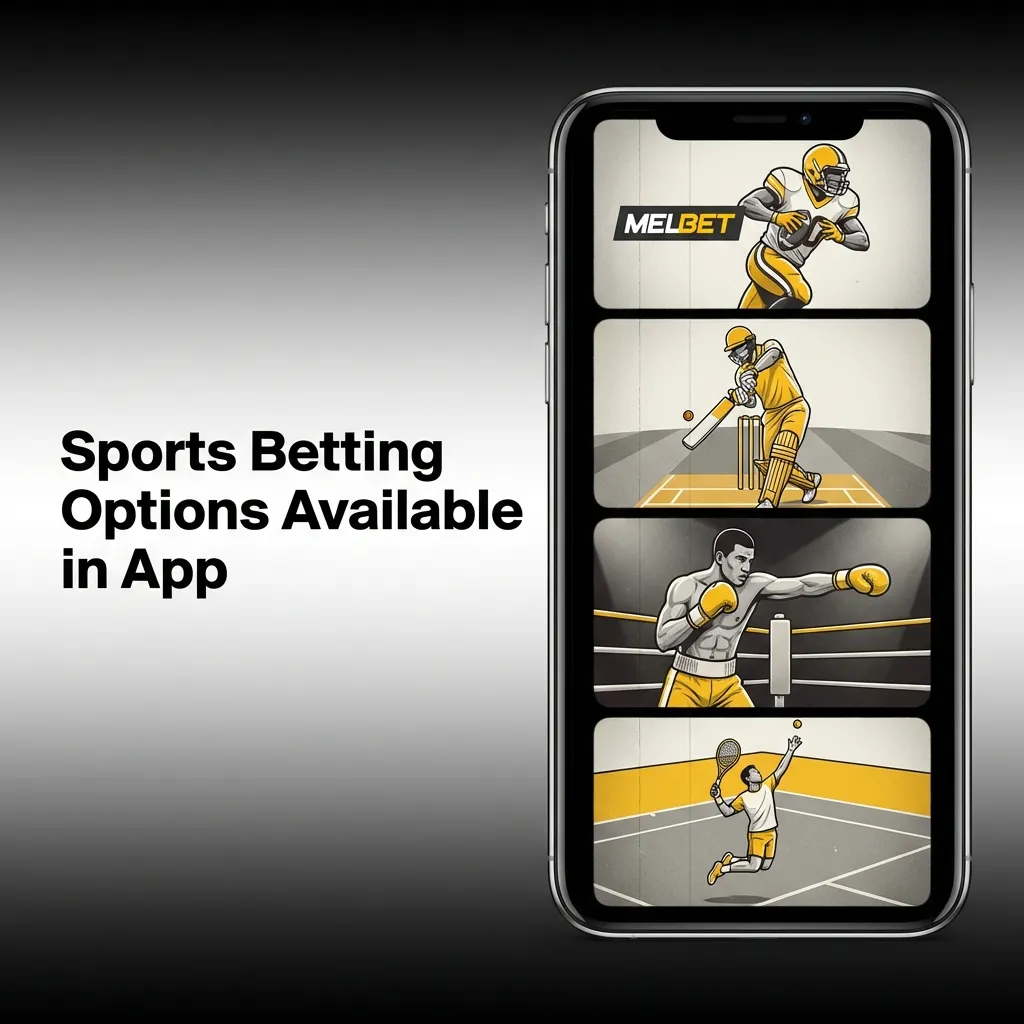 Melbet app interface showing 40+ sports betting options including cricket, football, tennis, and esports on mobile device