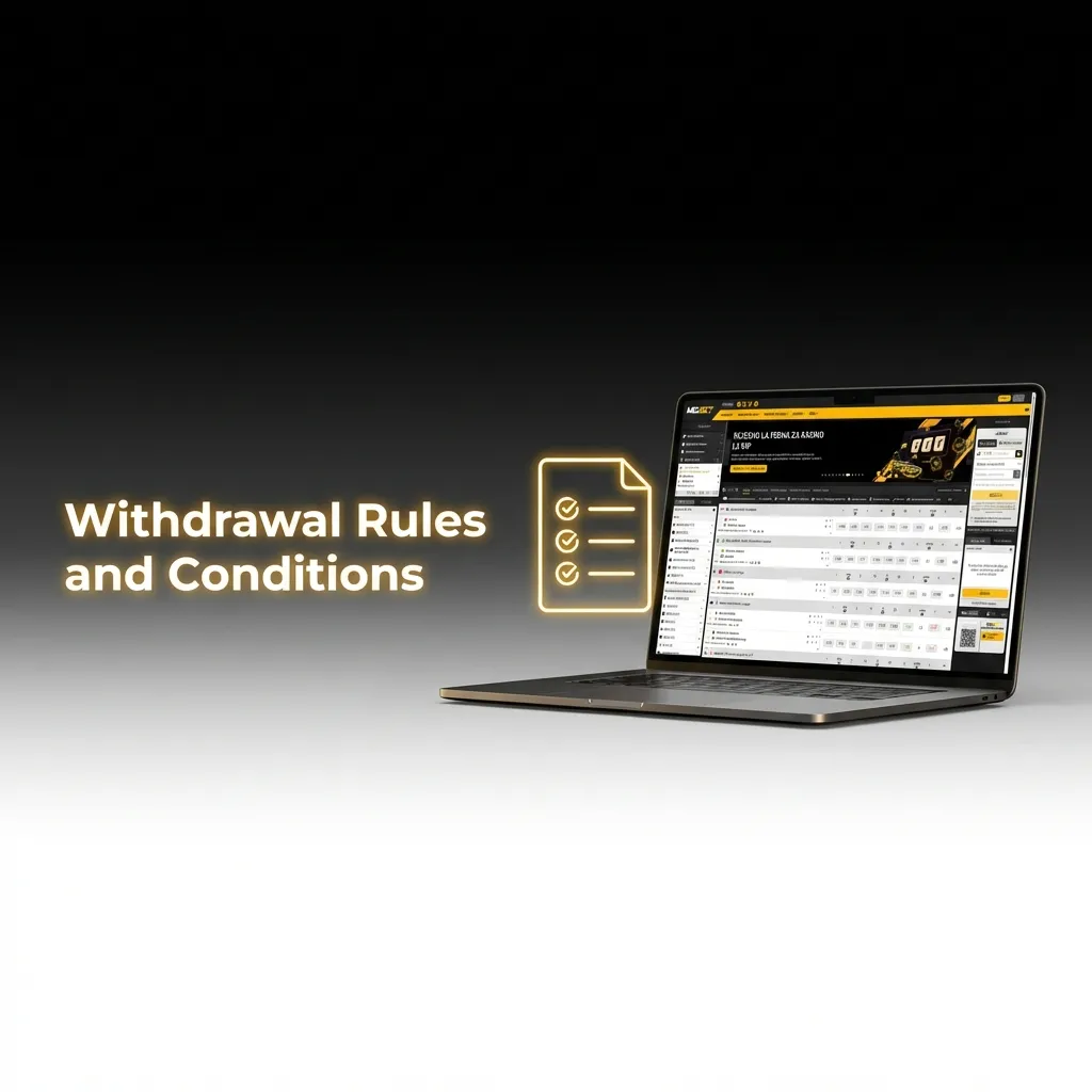 Checklist showing withdrawal rules: ID verification, same method requirement, wagering, and bonus conditions for payouts.