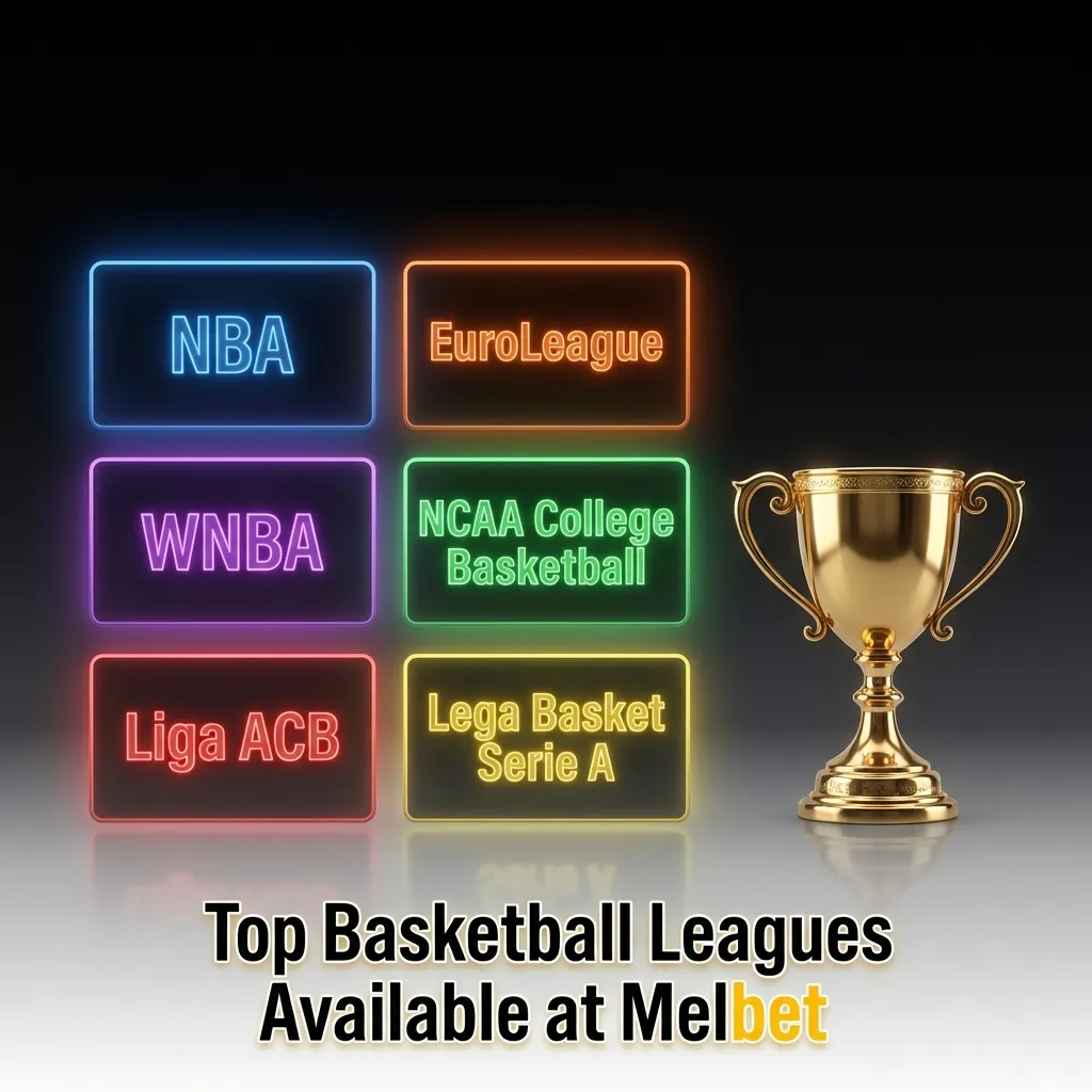 Basketball leagues on Melbet including NBA, EuroLeague, FIBA World Cup, NCAA March Madness, CBA, and other competitions.